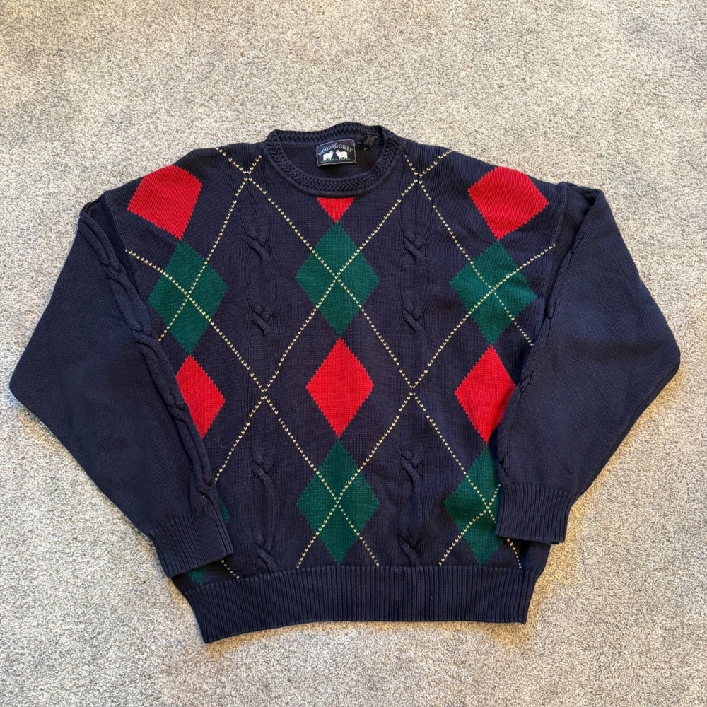 Woods & Gray Vintage Navy Argyle Cable Knit Cotton Sweater XL Mens Red Green
